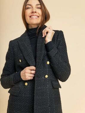 Suzy Shier Black Tweed Double-Breasted Blazer with Gold Buttons